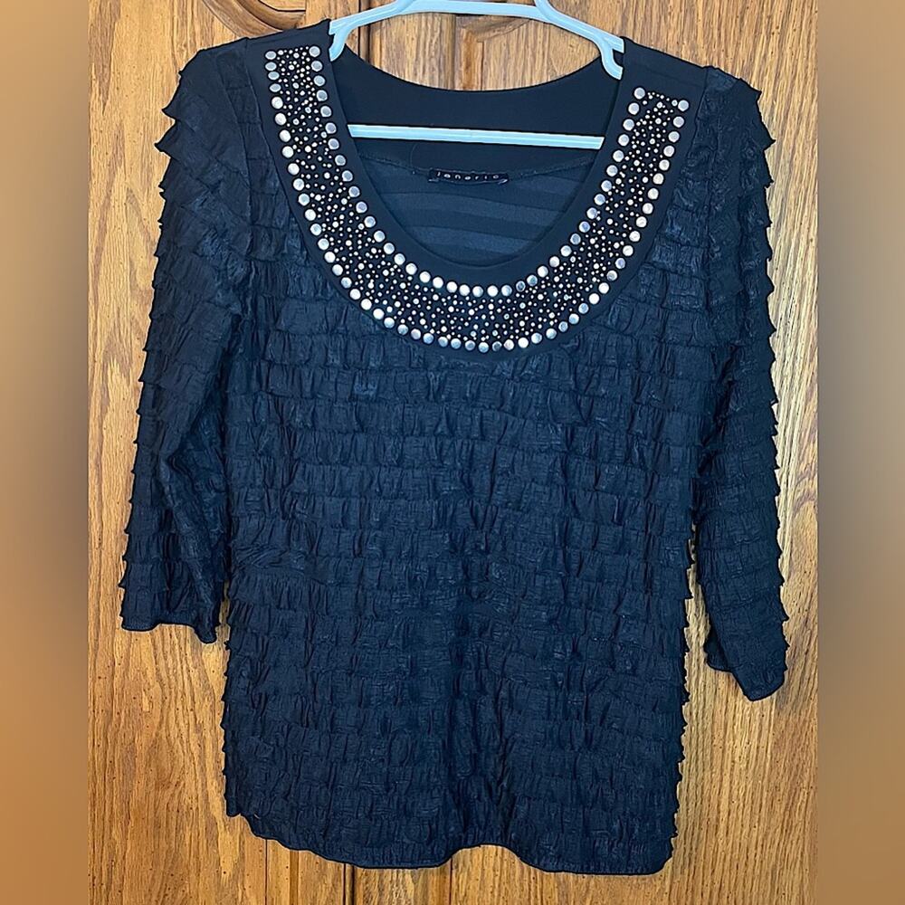Janeric Ruffled 3/4 Sleeve Top with Studded Neckline
